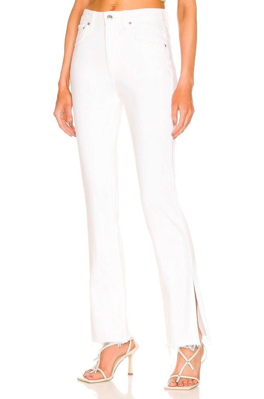 GRLFRND Women’s 28 Harlow High Rise Slim Boot Slit Hem White Jeans Silver Stand